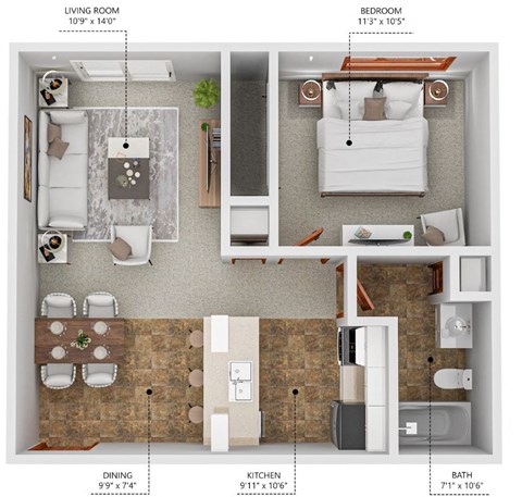 A diagram shows the layout of a living room, dining room, kitchen, and bedroom with their respective dimensions.